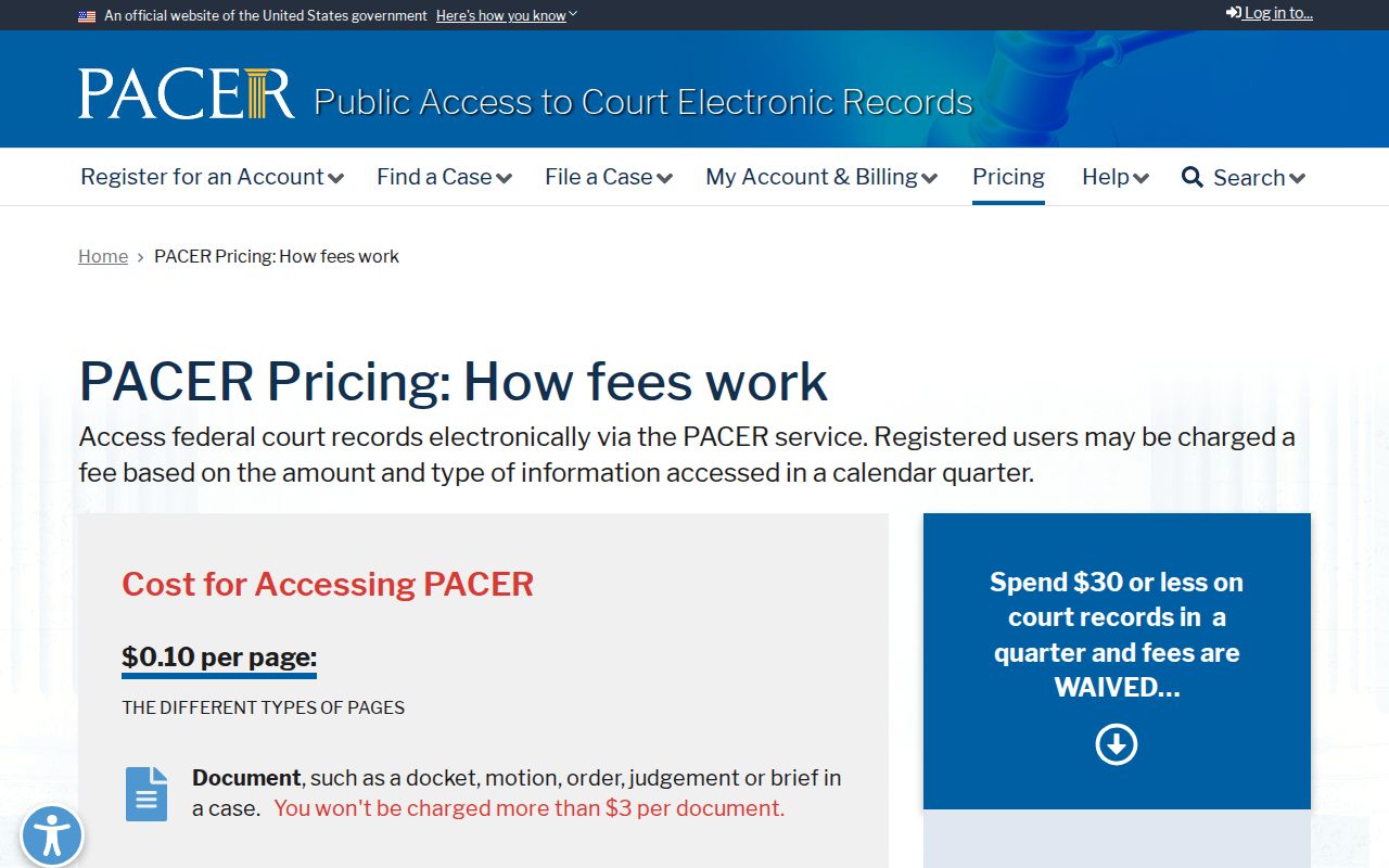 PACER fee information for federal records beyond Lincoln County court records