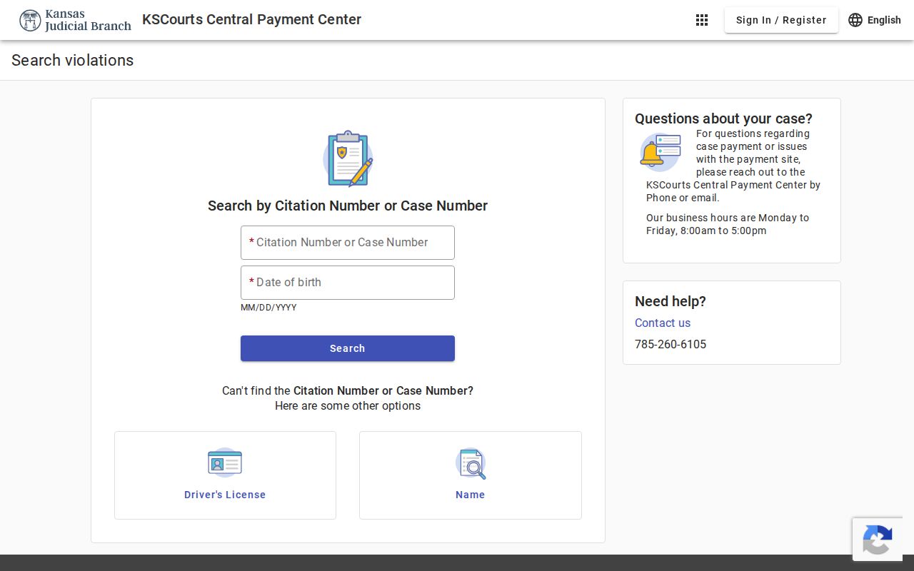 Lincoln County traffic ticket search fields at Kansas Central Payment Center